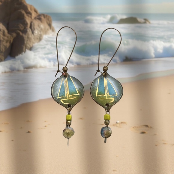 Hand-Painted Enamel Earrings | Artisan Abstract Design | Bronze | Boho Art Jewel - Picture 5 of 9